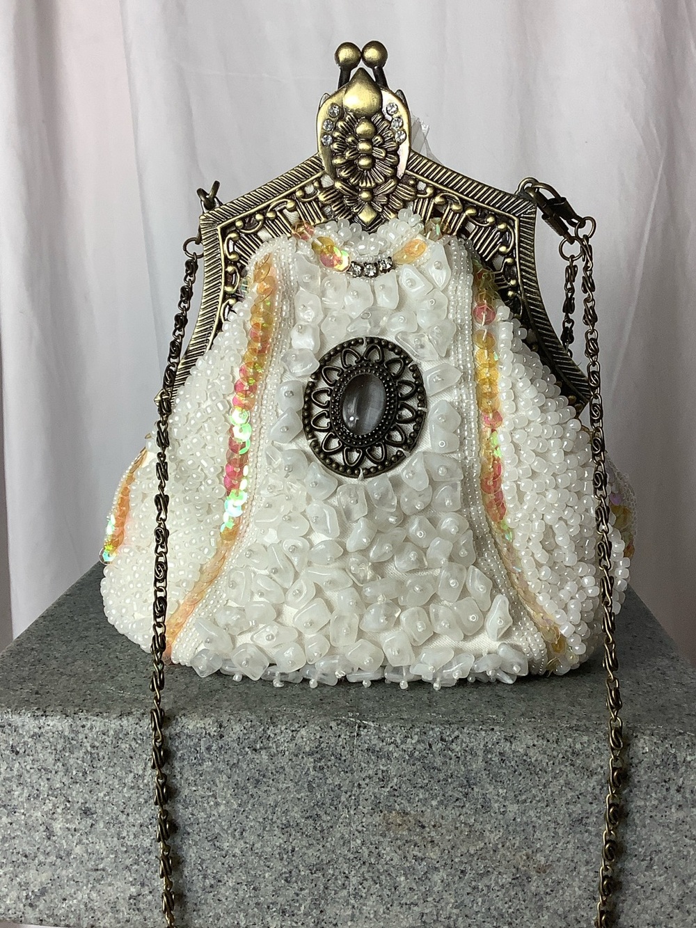 Beaded White Evening Clutch with Antique-Style Frame